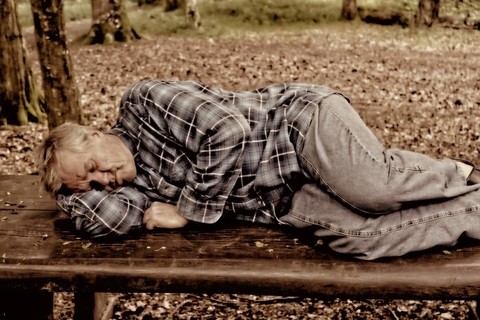 Elderly man asleep on a bench